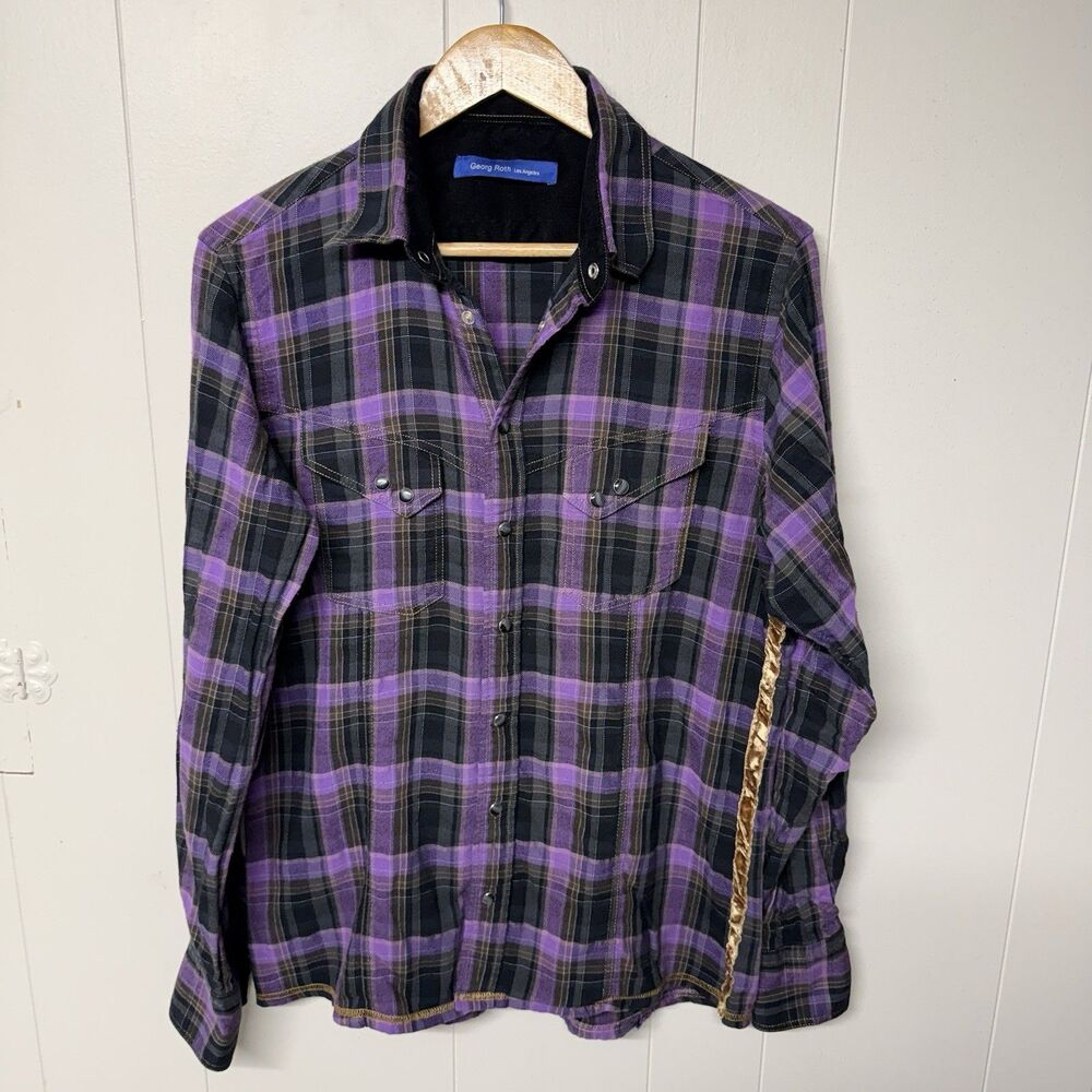 Georg Roth Los Angeles Purple Plaid Pearl Snap Western Shirt Gold Trim Men M EUC